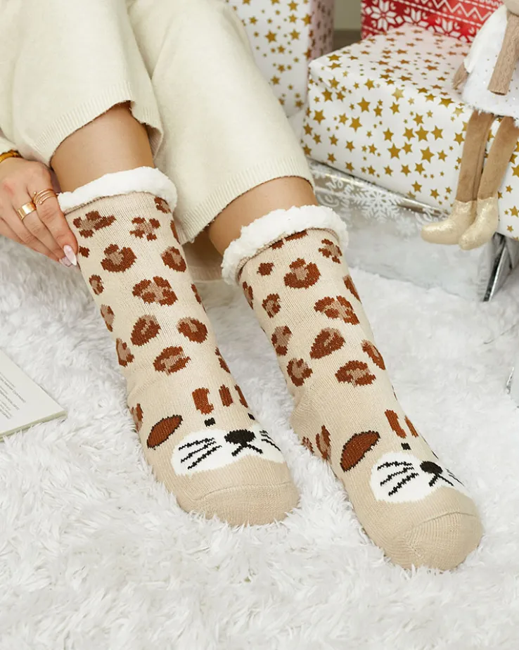 Royalfashion Ocieplane beżowe damskie skarpetki z żyrafą