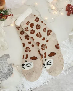 Royalfashion Ocieplane beżowe damskie skarpetki z żyrafą