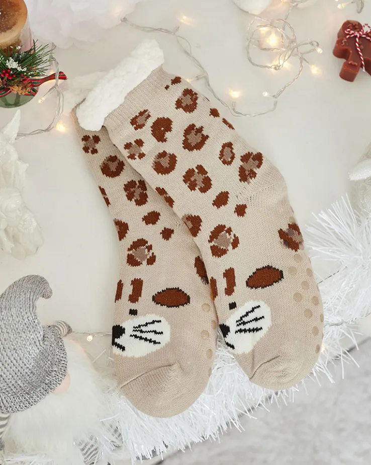 Royalfashion Ocieplane beżowe damskie skarpetki z żyrafą