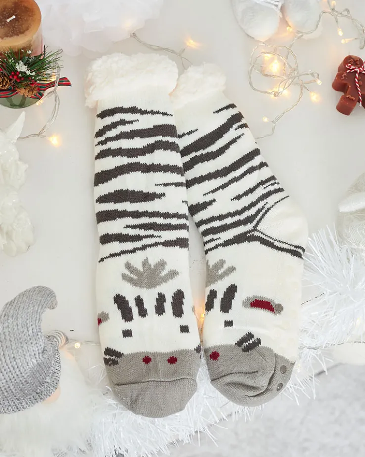 Royalfashion Ocieplane beżowe damskie skarpetki z zebrą