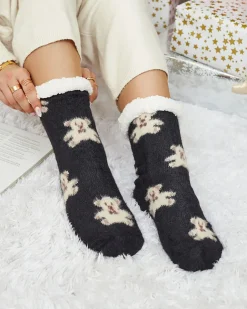 Royalfashion Ocieplane czarne damskie skarpetki z misiami