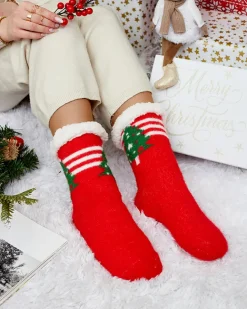 Royalfashion Ocieplane czerwone świąteczne damskie skarpetki