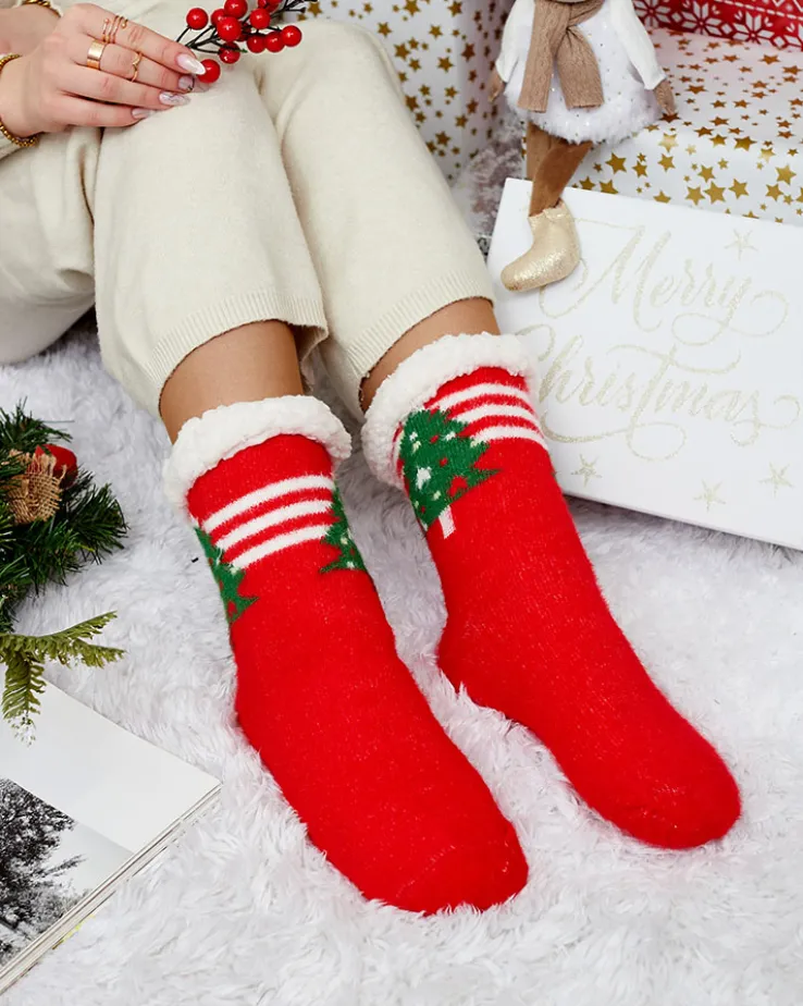 Royalfashion Ocieplane czerwone świąteczne damskie skarpetki