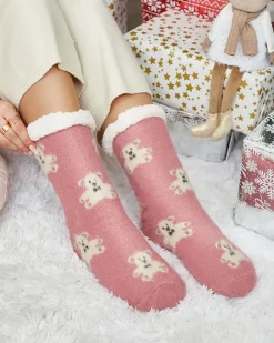 Royalfashion Ocieplane różowe damskie skarpetki z misiami