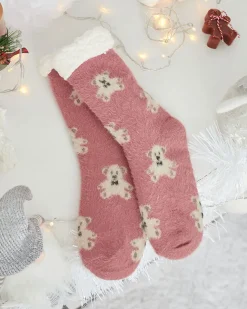 Royalfashion Ocieplane różowe damskie skarpetki z misiami