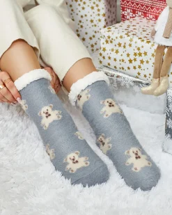 Royalfashion Ocieplane szare damskie skarpetki z misiami