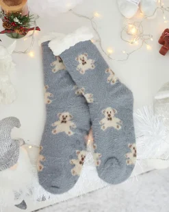 Royalfashion Ocieplane szare damskie skarpetki z misiami