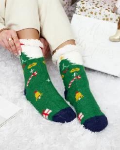 Royalfashion Ocieplane świąteczne zielone damskie skarpetki