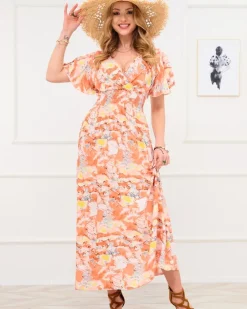 Royalfashion Pomarańczowa damska długa sukienka z modnym wzorem