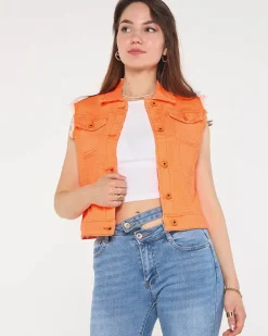 Royalfashion Pomarańczowa jeansowa kamizelka damska