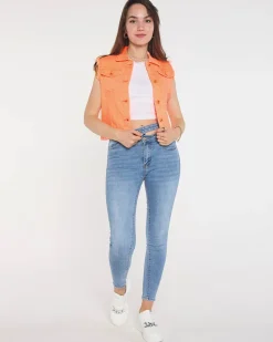 Royalfashion Pomarańczowa jeansowa kamizelka damska