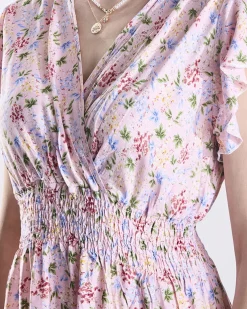 Royalfashion Różowa damska sukienka midi w kwiaty