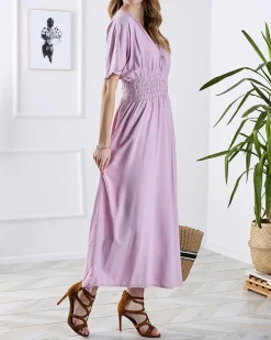 Royalfashion Różowa damska długa sukienka z kopertowym dekoltem