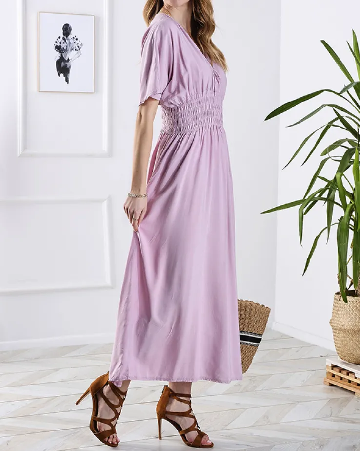 Royalfashion Różowa damska długa sukienka z kopertowym dekoltem