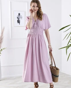 Royalfashion Różowa damska długa sukienka z kopertowym dekoltem