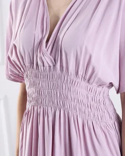 Royalfashion Różowa damska długa sukienka z kopertowym dekoltem