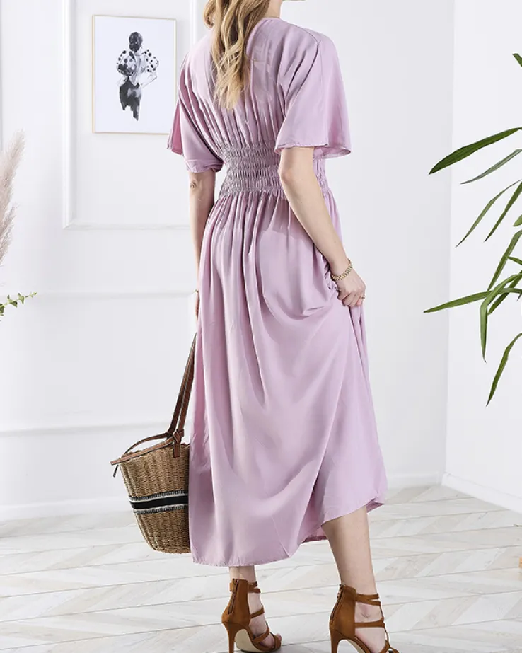 Royalfashion Różowa damska długa sukienka z kopertowym dekoltem