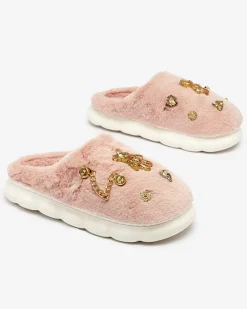 Royalfashion Różowe damskie futrzane kapcie z ozdobami Erserra