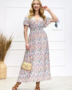 Royalfashion Różowo-zielona damska kwiecista sukienka midi