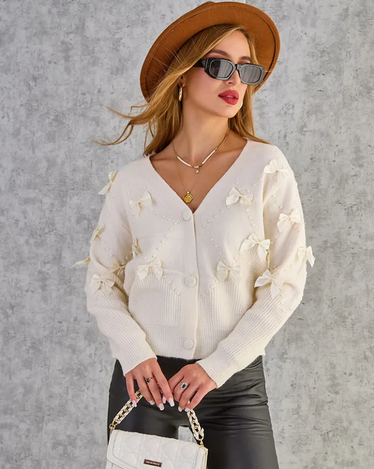 Royalfashion Rozpinany damski sweter z kokardkami