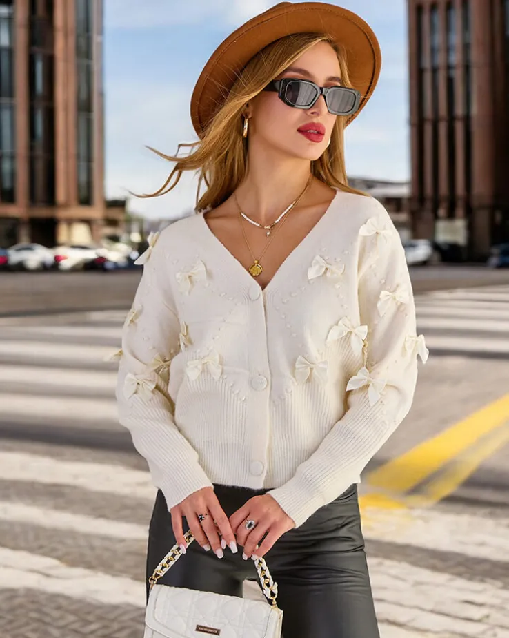 Royalfashion Rozpinany damski sweter z kokardkami