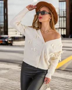 Royalfashion Rozpinany damski sweter z kokardkami