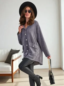 Royalfashion Rozpinany damski sweter ze złotymi guzikami oversize