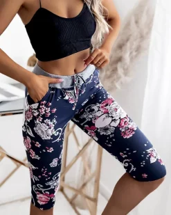 Royalfashion Spodenki damskie granatowo- różowe o długości 3/4