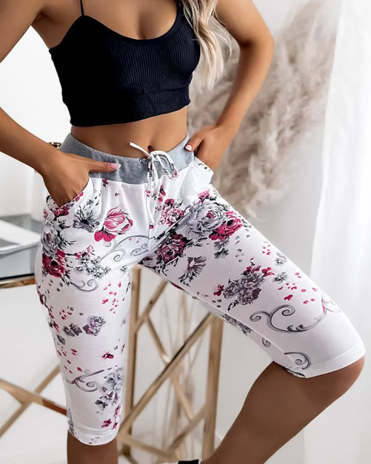 Royalfashion Spodenki damskie biało- różowe o długości 3/4