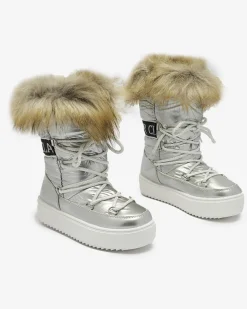Royalfashion Srebrne dziecięce wsuwane buty a'la śniegowce z futerkiem Asika