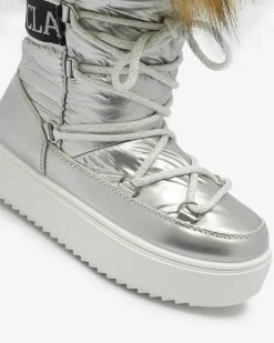 Royalfashion Srebrne dziecięce wsuwane buty a'la śniegowce z futerkiem Asika