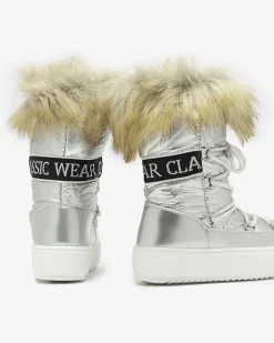 Royalfashion Srebrne dziecięce wsuwane buty a'la śniegowce z futerkiem Asika