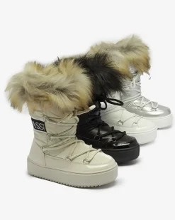 Royalfashion Srebrne dziecięce wsuwane buty a'la śniegowce z futerkiem Asika