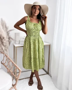 Royalfashion Sukienka damska za kolano z printem w kolorze zielonym