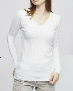 Royalfashion Sweter damski z dekoltem w serek w kolorze białym