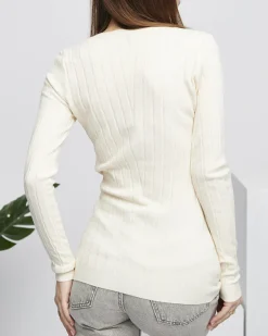 Royalfashion Sweter damski z dekoltem w serek w kolorze beżowym