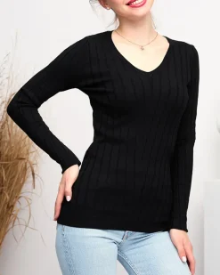 Royalfashion Sweter damski z dekoltem w serek w kolorze czarnym