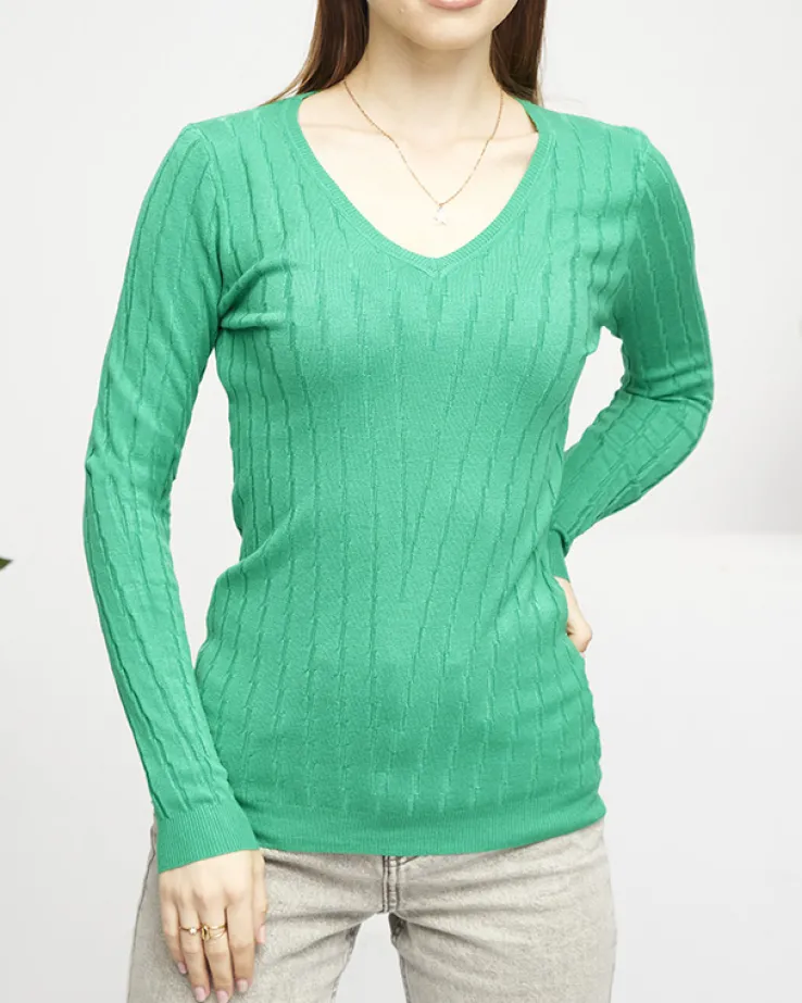 Royalfashion Sweter damski z dekoltem w serek w kolorze zielonym