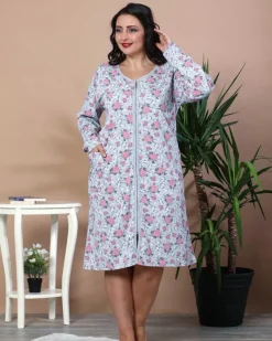 Royalfashion Szara nocna koszula w kwiaty PLUS SIZE