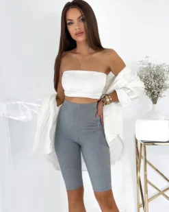 Royalfashion Szare damskie legginsy kolarki prążkowane