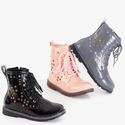 Royalfashion Szare dziecięce lakierowane workery Isibeal