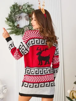 Royalfashion Szaro-czerwona damska sukienka w swetrowym stylu