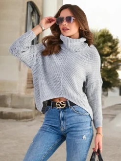 Royalfashion Szary damski krótki sweter z golfem