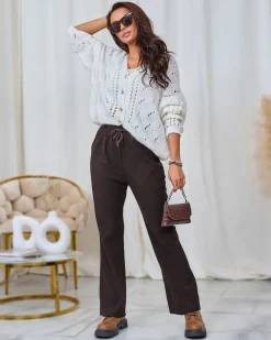 Royalfashion Sztruksowe damskie spodnie materiałowe w kolorze ciemnobrązowym