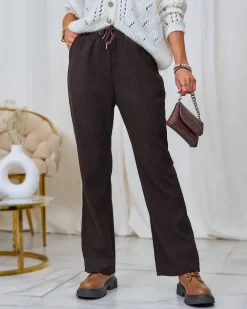 Royalfashion Sztruksowe damskie spodnie materiałowe w kolorze ciemnobrązowym