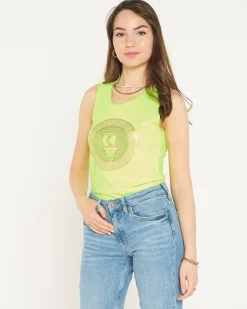 Royalfashion Żółta neonowa bluzka na ramiączkach z printem i cyrkoniami