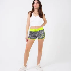 Royalfashion Żółto-czarne neonowe damskie sportowe krótkie spodenki