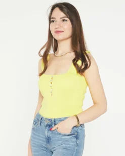 Royalfashion Żółty damski top z cyrkoniami a'la guziki