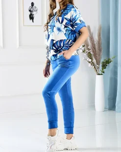 Royalfashion Welurowy damski komplet dresowy z motywem roślinnym w kolorze granatowym