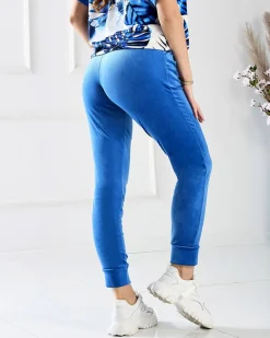 Royalfashion Welurowy damski komplet dresowy z motywem roślinnym w kolorze granatowym